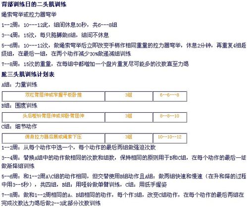 分离性训练计划表 周一:胸部,肱三头肌(单一动作),腹肌 周二:背部,肱