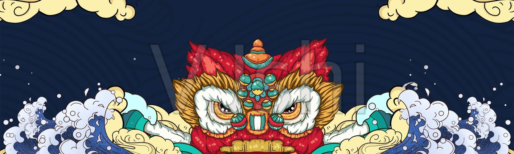 国潮宽屏醒狮狮子头海浪_5120x1536_高清视频素材下载(编号:5096841)