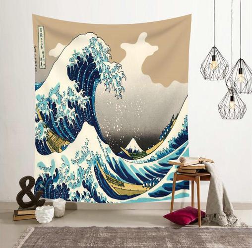 冲浪里日式浮世绘海浪挂布墙面背景装饰画布挂毯沙滩巾桌布 日式浮世