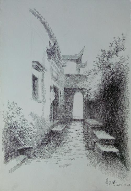 安徽西递,屏山钢笔画写生