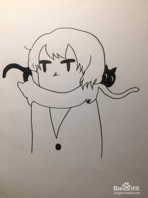 动漫线稿 画两只猫围着女孩的脖子 猫围脖简笔画