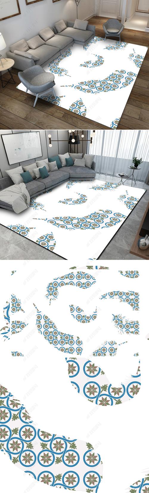 原创绿色白色优雅羽毛几何花纹现代简约地毯设计版权可商用