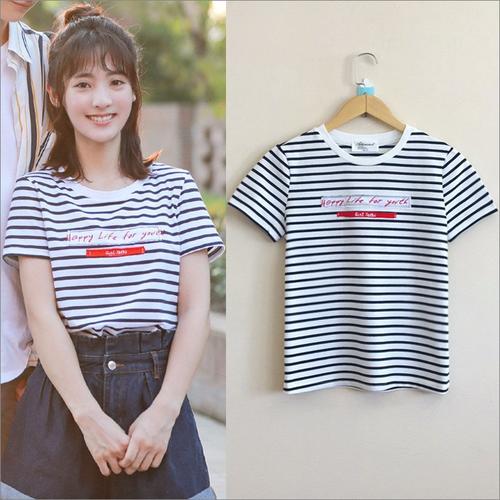 现货致我们暖暖的小时光司徒末邢菲同款宽松条纹t恤字母刺绣上衣