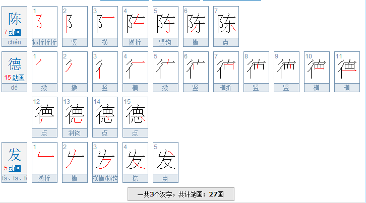 陈德发这三个字有多少笔画
