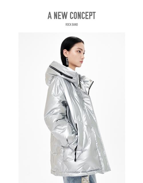 卡拉佛派克外套银色亮面金属感中长款时尚洋气高端大牌羽绒服女潮浅紫
