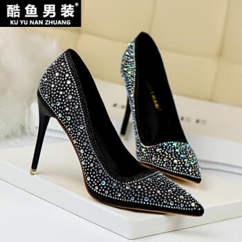 10公分细高跟鞋婚鞋女水钻尖头超烫细跟网红抖音公主婚纱浅口单鞋2021