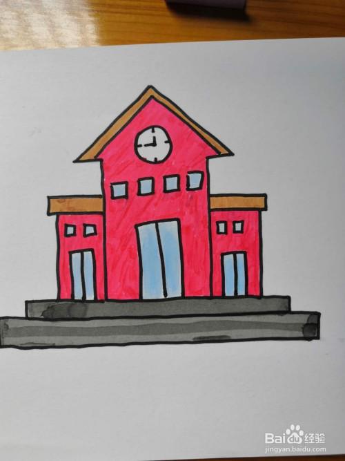 如图;最后将画好的学校涂上相应的颜色,这样心中的小学简笔画就画好