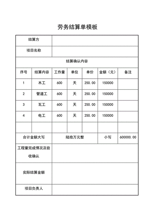 劳务结算单模板docx2页