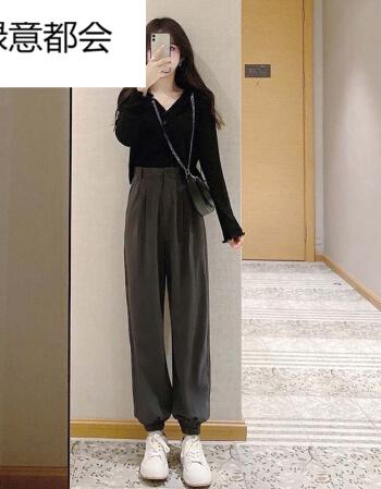 搭配显高小香风盐系炸街气质女神范休闲阔腿裤套装黑色上衣灰色裤子s