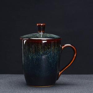 窑变建盏马克杯大号容量水杯日式复古粗陶创意办公室喝茶杯子带盖