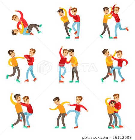 图库插图: two boys fist fight positions, aggressive bully in