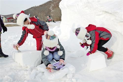 在扎兰屯市举办的内蒙古第三届冬令营上,孩子们正在学习制作雪雕.