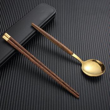 木质筷子勺子套装叉子便携式旅行外带餐具盒金色三件套装学生筷勺金色