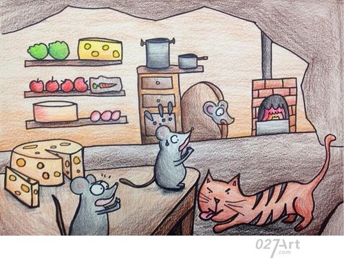 小花猫捉老鼠动物场景画作品赏析儿童蜡笔画图片大全