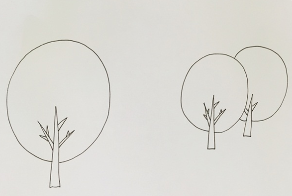 2,画上两棵更小的树,让人在视觉上形成远近感,画出地平线,营造一种