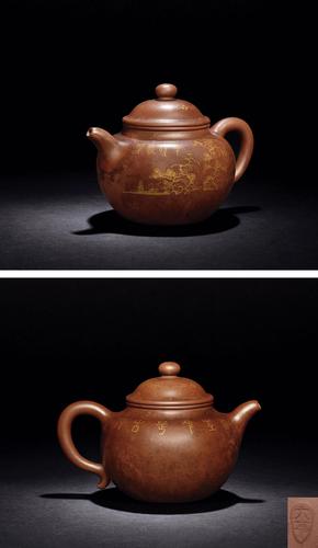 5843 清中期 邵大亨制紫砂描金"平胡秋月"莲子壶