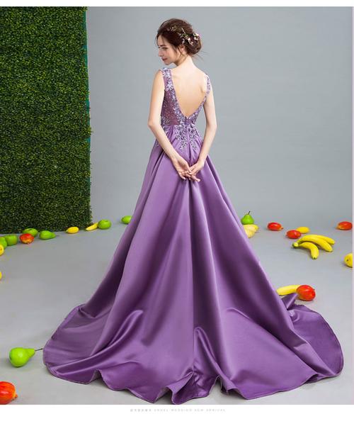 紫色新娘结婚敬酒服婚礼晚宴年会演出拖尾婚纱礼服