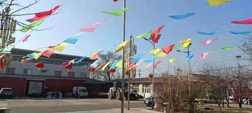 村广场上空漂洋着彩旗,使节日的气氛更浓