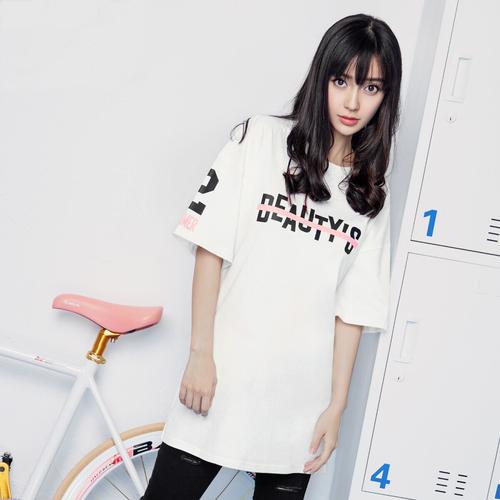 angelababy杨颖同款2017夏新品韩版中长款宽松字母印花短袖t恤潮