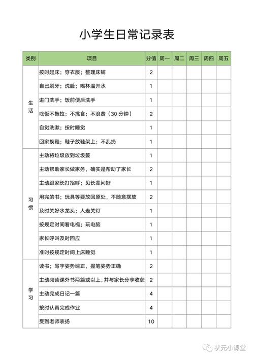 小学生日常记录表,积分卡