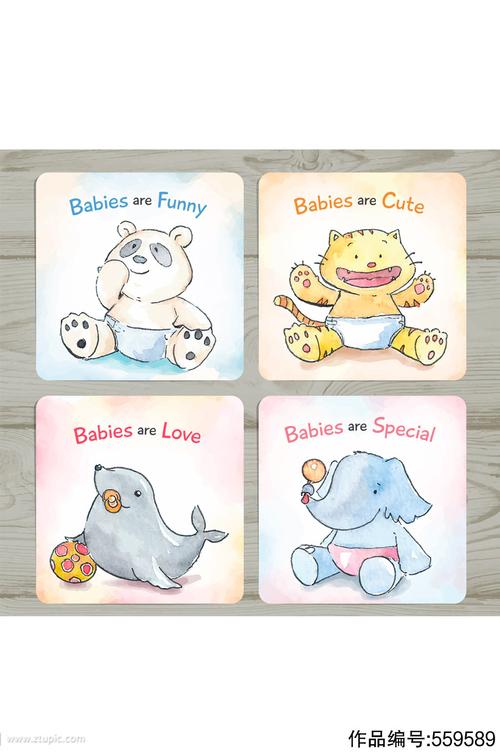 4款可爱手绘动物迎婴卡片矢量图