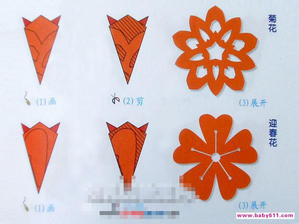 菊花迎春花剪纸方法五角折剪儿童剪纸