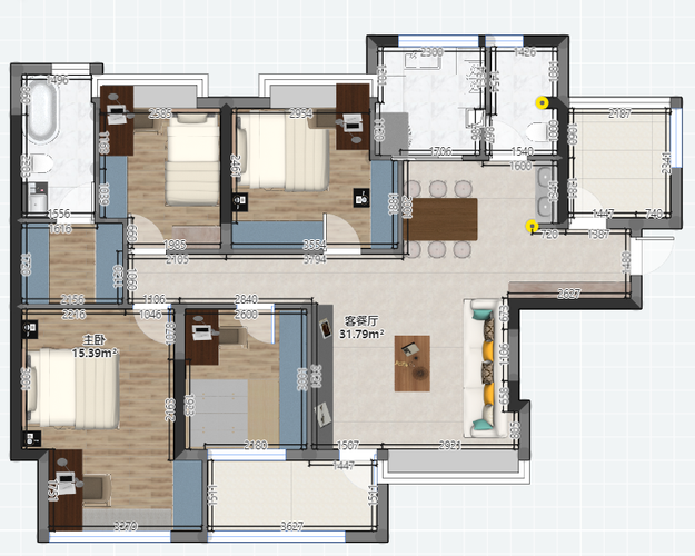 三房设计四房,左侧为主人房,需要衣帽间.