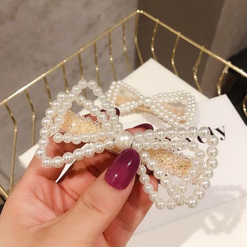 韩版新款双层蝴蝶结珍珠发夹 网红同款蝴蝶结边夹顶夹串珠半头夹