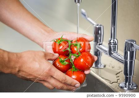 图库照片: kitchen porter washing tomatoes under running tap