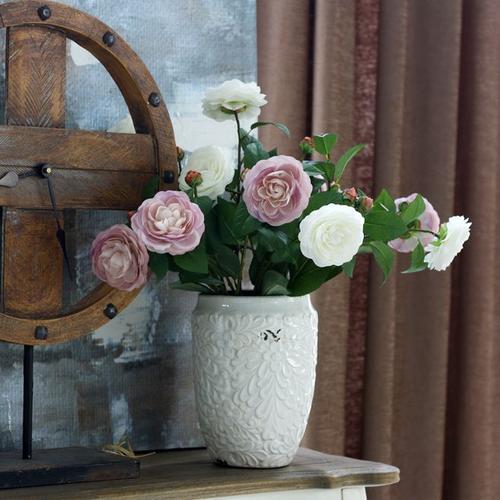新品上市 欧式简约陶瓷花瓶 复古浮雕菊纹花样创意家居装饰花瓶-淘宝