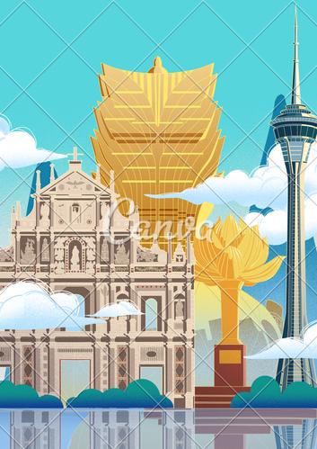 蓝色金色插画标志简洁彩色手绘插画金莲花地标澳门