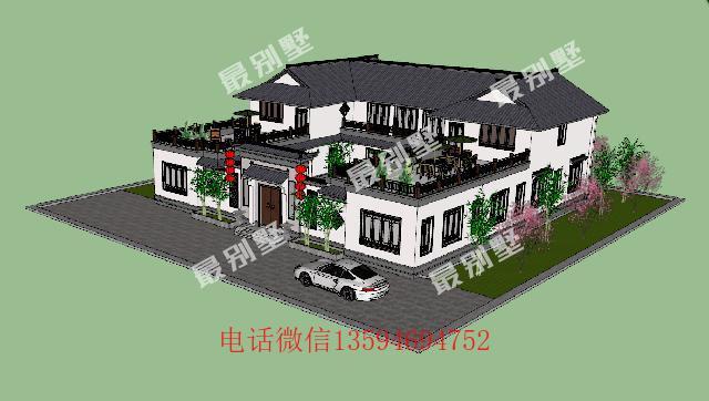 新农村中式古典风格二层住宅效果图_双拼四合院别墅外观效果图_效果图