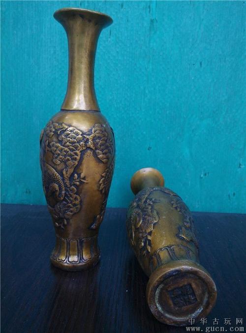 超值爆款全铜仿古花瓶一对双鹤铜瓶做旧铜器摆件