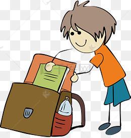 矢量简笔画整理书包的男孩