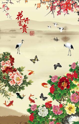 牡丹花,花开富贵,玄关图,书房,背景壁画
