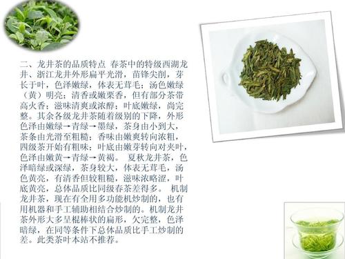 春茶中的特级西湖龙 井,浙江龙井外形扁平光滑,苗锋尖削,芽 长于叶