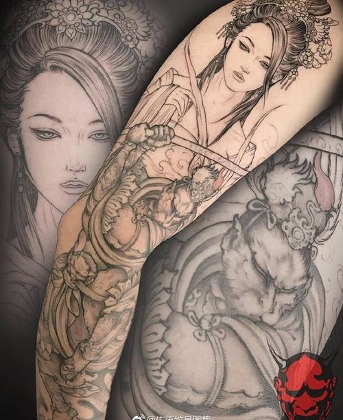 花腿传统黑灰风美女人物纹身图案