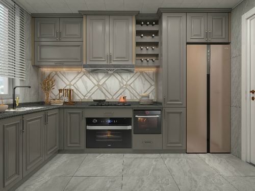 厨房橱柜是l形的,灶具下是烤箱,右侧是洗碗机.