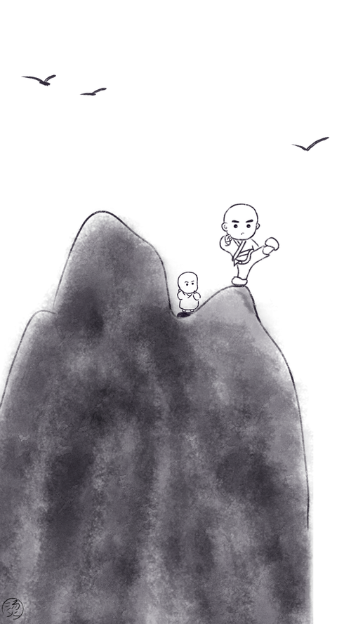 小和尚带着小娃娃练功
