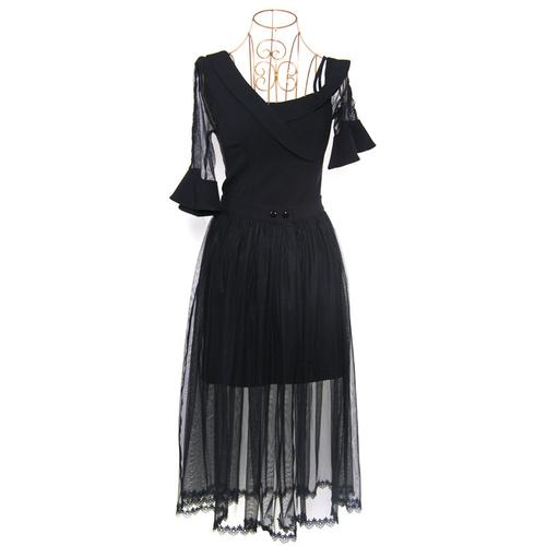 赵丽颖黑色刘亦菲礼服吊带连衣裙长裙一字