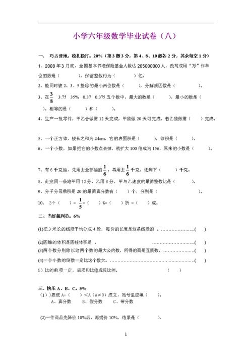 小学六年级数学毕业试卷(八).doc 6页