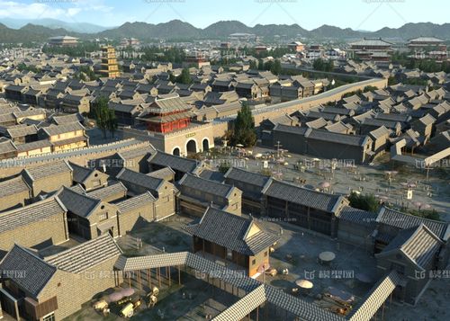 写实古城鸟瞰场景,鸟瞰,古城市,古代,山,树,植物,建筑动画,旧城,人,古