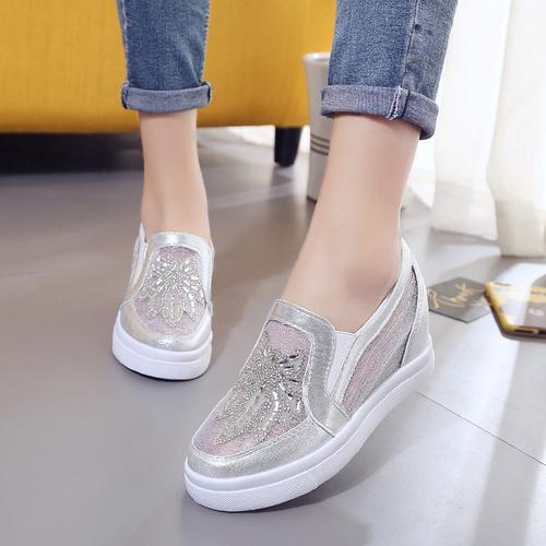 韩版夏季新款蕾丝网面女鞋坡跟内增高单鞋水钻休闲厚底透气网纱鞋