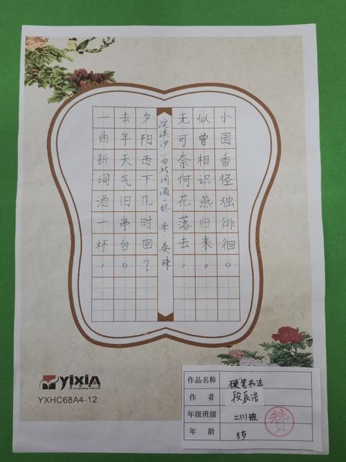 硬笔书法一等奖:2.1班段辰浩