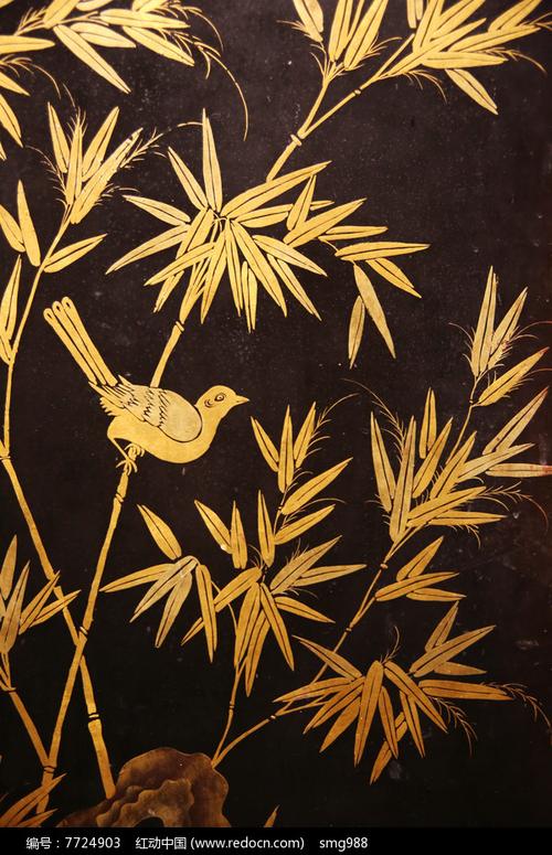 民国黑漆描金画竹林小鸟
