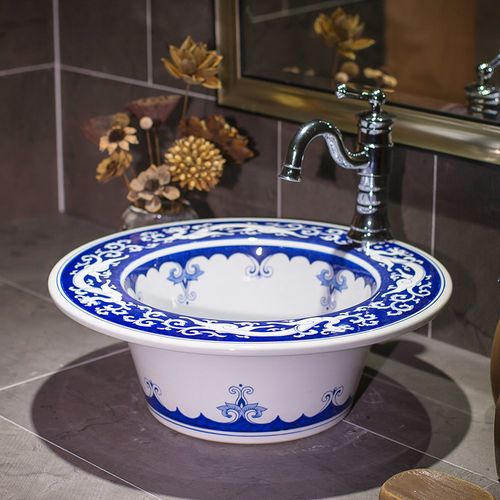 台上盆洗手盆手绘青花瓷小户型仿古复古碗形洗脸盆新中式陶瓷面盆