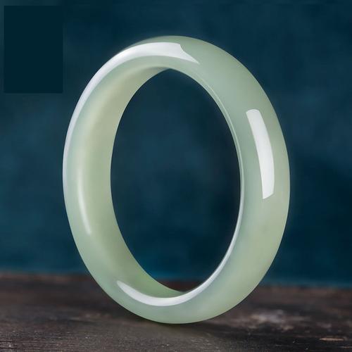 奥沃姿手镯天然玉石和田玉青玉宽条正装手镯晴水色手镯圆条女款冰种