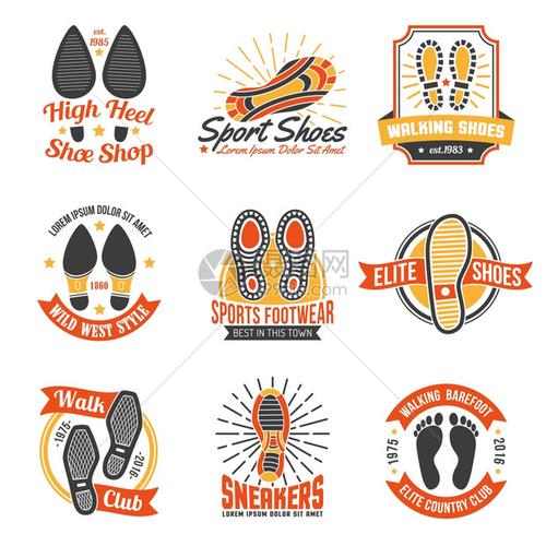 鞋类标签与脚印图标鞋类商店供应商标签标志与鞋底鞋垫鞋脚印图标矢量