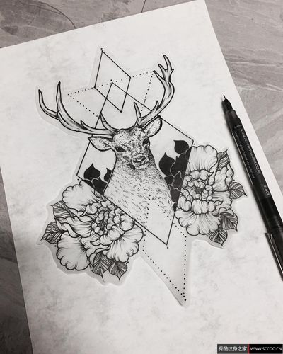 欧美麋鹿school纹身图案手稿