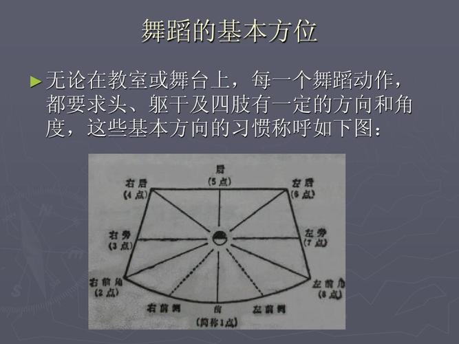 每一个舞蹈动作, 都要求头,躯干及四肢有一定的方向和角 度,这些基本